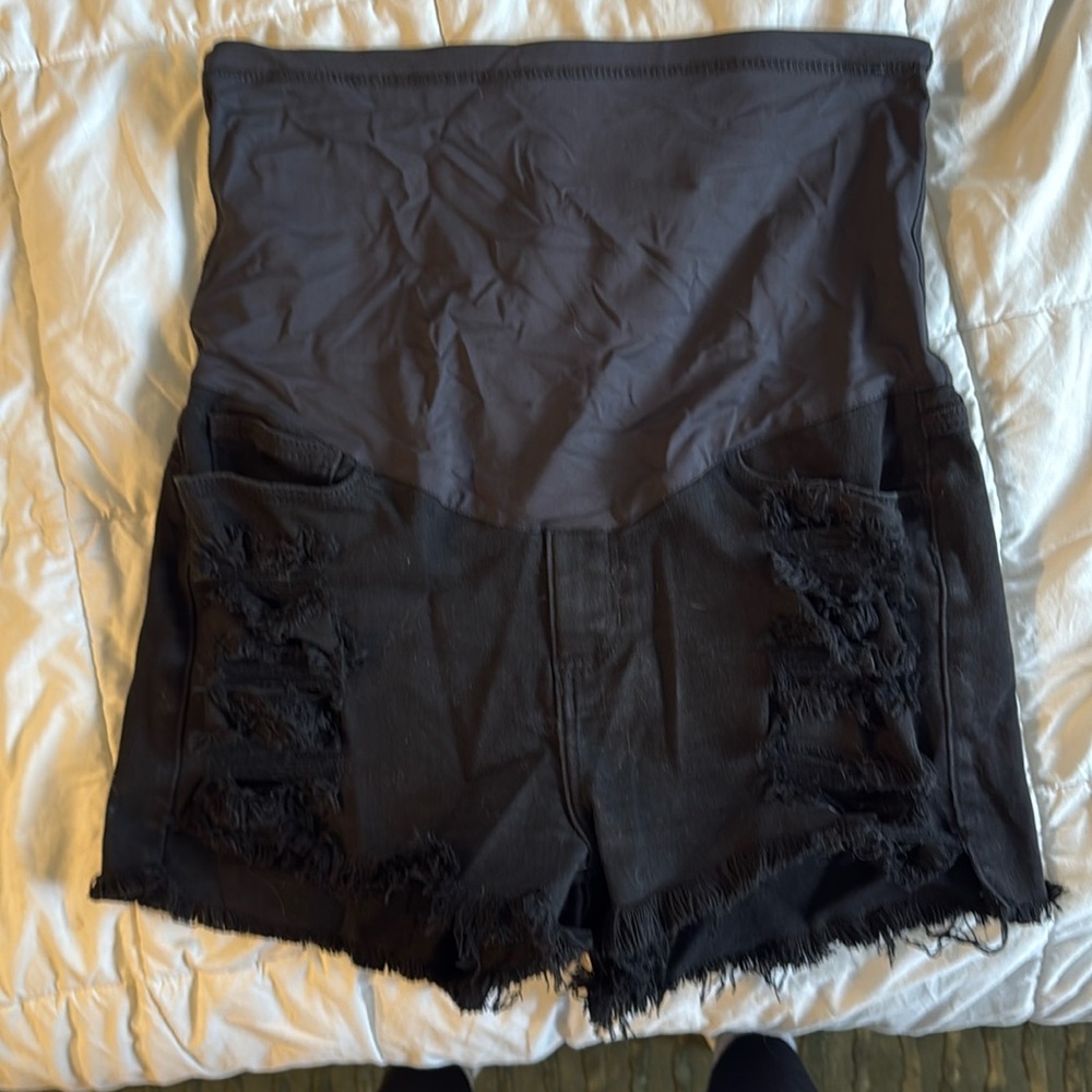 Distressed Black Jean Maternity Shorts